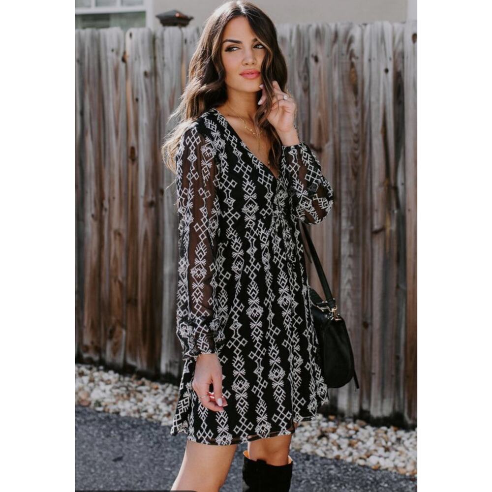 Aztec Embroidered‎ Black Sheer Sleeve Sexy Mini Dress- Medium